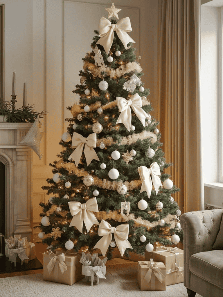 A Christmas tree decorated with white bows | MySimpaticoLife.com