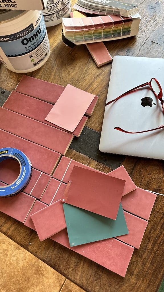 Pink paint chips and tile ideas for the coffee bar.