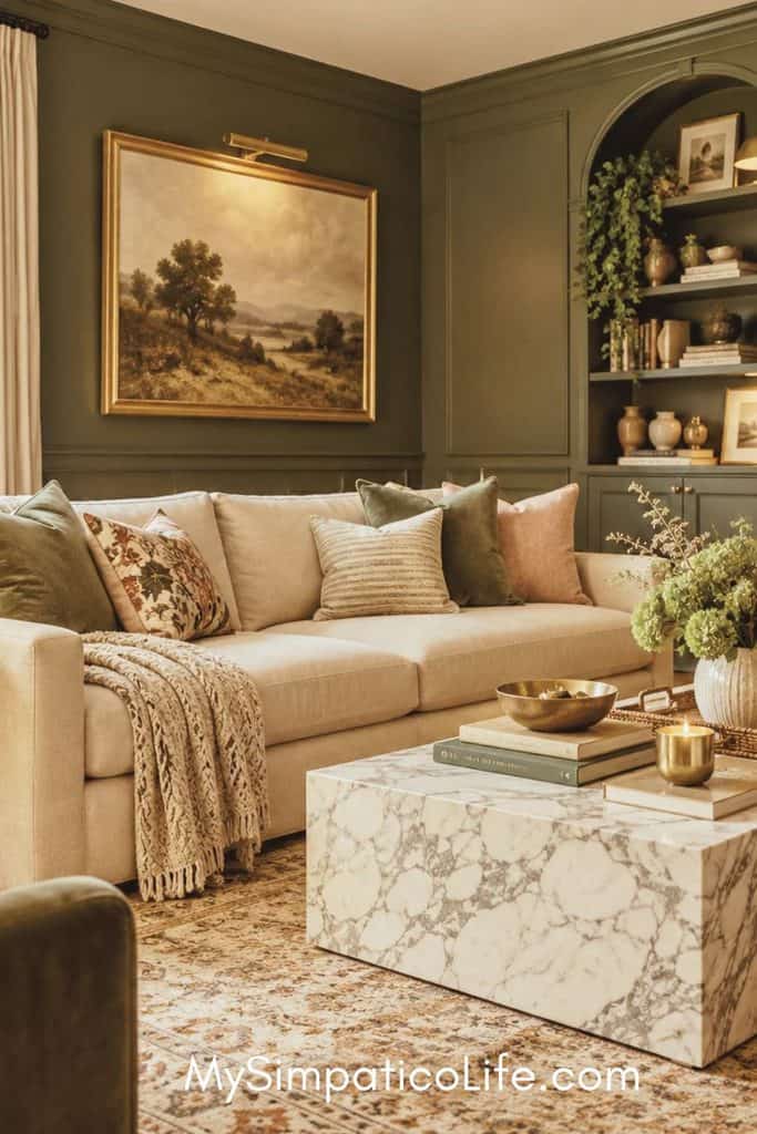 A Deep Green Living Room with beige sofa and brass accents | MySimpaticoLife.com